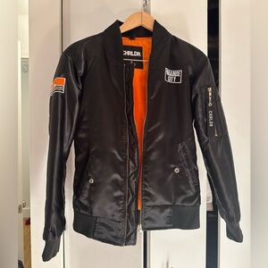 Chrldr Paradise City Black Bomber Jacket with Orange Lining & Engravings